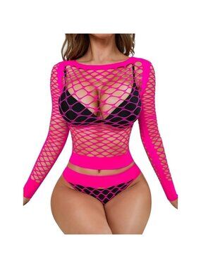 Rslove Women Sexy Mesh Lingerie Fishnet Babydoll Free Size Bodysuit- Pink